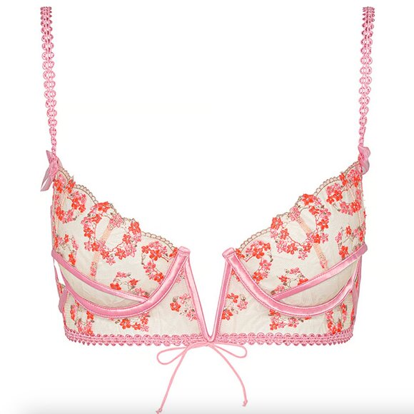 For Love and Lemons • Floral Pink Lace Love Bouquet Sheer Embroidered Bra • M - Picture 7 of 13